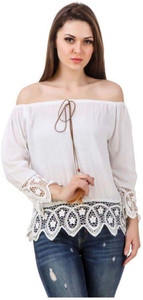 BuyNewTrend Casual 3/4th Sleeve Embroidered Women's White Top