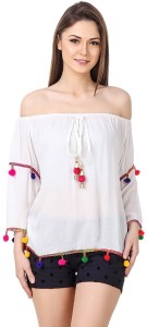 BuyNewTrend Casual 3/4th Sleeve Embroidered Women's White Top