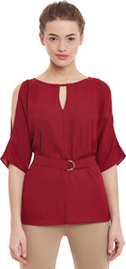 Miss Chase Party Half Sleeve Solid Women's Maroon Top