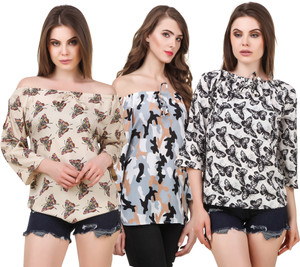 Delux Look Casual 3/4th Sleeve Printed Women White, Brown Top
