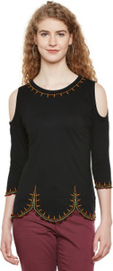 Hypernation Casual 3/4th Sleeve Embroidered Women Black Top