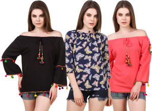 Delux Look Casual 3/4th Sleeve Printed Women Blue, Red, Black Top