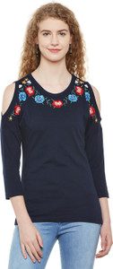 Hypernation Casual 3/4th Sleeve Embroidered Women's Blue Top