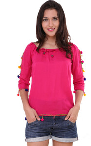 BuyNewTrend Casual 3/4th Sleeve Embroidered Women's Pink Top