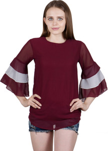 G & M Collections Casual 3/4th Sleeve Solid Women's Maroon Top