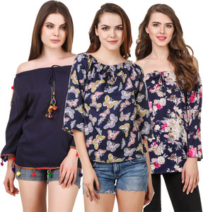 Delux Look Casual 3/4th Sleeve Printed Women Blue Top