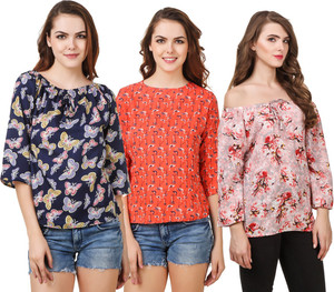 Delux Look Casual 3/4th Sleeve Printed Women Blue, Pink, Orange Top