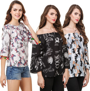 Delux Look Casual 3/4th Sleeve Printed Women White, Black Top