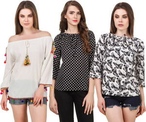 Delux Look Casual 3/4th Sleeve Printed Women Black, White Top