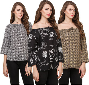 Delux Look Casual 3/4th Sleeve Printed Women Black, White, Brown Top