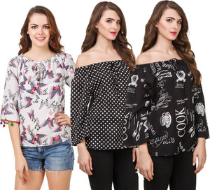 Delux Look Casual 3/4th Sleeve Printed Women Black, White Top