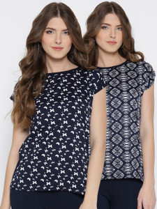 U&F Casual Short Sleeve Animal Print Women Dark Blue, White, Pink Top
