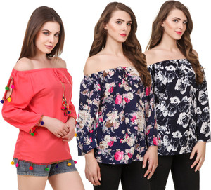 WISER Casual 3/4th Sleeve Embroidered Women Blue, Red Top