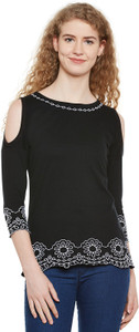 Hypernation Casual 3/4th Sleeve Embroidered Women's Black Top