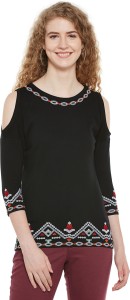 Hypernation Casual 3/4th Sleeve Embroidered Women Black Top