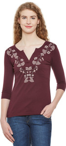 Hypernation Casual 3/4th Sleeve Embroidered Women's Maroon Top