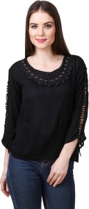 Komal Trading Co Casual 3/4th Sleeve Solid Women's Black Top