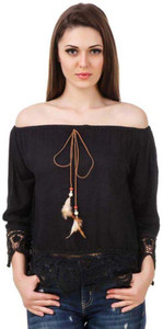 BuyNewTrend Casual 3/4th Sleeve Embroidered Women's Black Top