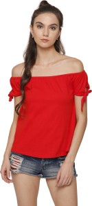 Dracht Casual Short Sleeve Solid Women Red Top