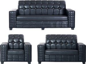 Bharat Lifestyle Black Diamond Leatherette 3 + 2 + 1 Black Sofa Set