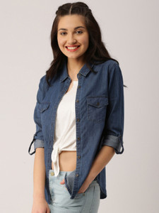 Trendyfrog Girls Solid Casual Denim Blue Shirt