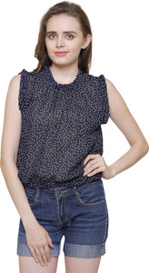 Arovi Casual Sleeveless Printed Women Dark Blue, White Top