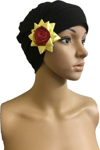 GIRIJA Self Design BLACK CHEMO CAPS YELLOW REMOVABLE BOW HEADCOVER FLOWER SLEEP CAPS LADIES CANCER HEADWEAR Cap