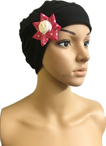 GIRIJA Self Design BLACK CHEMO CAPS REMOVABLE BOW HEADWEAR FLOWER SLEEP CAPS WOMENS CANCER HEADCOVER Cap