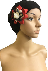 GIRIJA Self Design BLACK CHEMO CAPS REMOVABLE BOW HEADCOVER FLOWER SLEEP CAPS LADIES CANCER HEADWEAR Cap