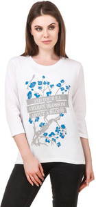 ALC Creations Printed Women Round Neck White, Blue, Grey T-Shirt