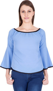 Khhalisi Party 3/4th Sleeve Solid Women's Light Blue Top