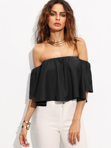 Dracht Casual Bell Sleeve Solid Women Black Top