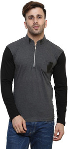 Leana Solid Men's Mandarin Collar Grey T-Shirt