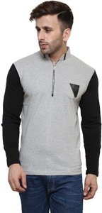 Leana Solid Men's Mandarin Collar Grey T-Shirt