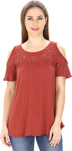 MansiCollections Casual Short Sleeve Embroidered Women's Maroon Top