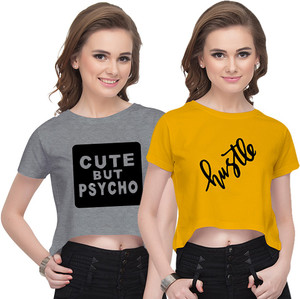 Uptown18 Casual Half Sleeve Printed Women Yellow, Grey Top