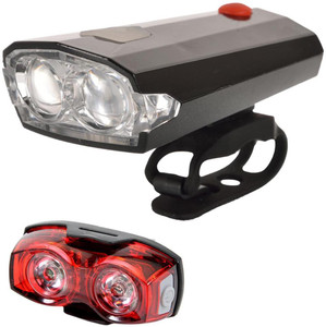 Dark Horse Bicycle Imported CE Standard USB Rechargeable 4 Mode LED Front Light & Horn (2 in 1 feature) & 1 Watt 3 Mode Twin Eye Rear Light Battery Combo/ Set LED Front Rear Light Combo
