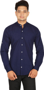 BASE 41 Men's Solid Casual Linen Blue Shirt