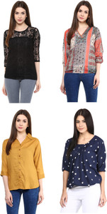 Mayra Party 3/4th Sleeve Lace, Solid, Printed, Stylised Women Multicolor Top