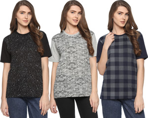 69GAL Printed Women Round Neck Grey, Dark Blue, Black T-Shirt