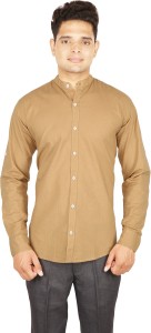 BASE 41 Men's Solid Casual Linen Beige Shirt