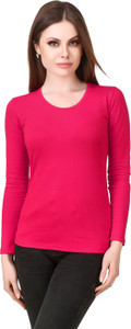 Clo Clu Solid Women's Round Neck Pink T-Shirt