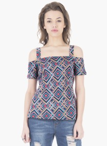 FabAlley Casual Short Sleeve Printed Women Blue Top