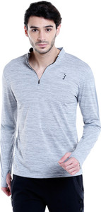 Campus Sutra Solid Men Mandarin Collar Grey T-Shirt