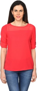 honey by pantaloons casual roll-up sleeve solid women red top