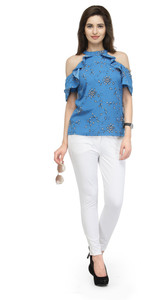 Pluss Casual Short Sleeve Printed Women Blue Top