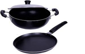 KUMAKA Perfect kitchenz Non-Stick 2 pieces Combo gift Set (Kadhai/wok, Dosa Tawa )with Bakelite Handle (Black) Cookware Set