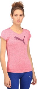 puma solid women v-neck pink t-shirt 51648821