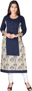 mokshi women printed straight kurta(blue, beige) 205BLU
