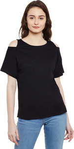 Miss Chase Casual Short Sleeve Solid Women's Black Top